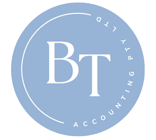 BT Accounting Logo - Blue circle with white text inside that says BT and circling around those letters is Accounting PTY LTD